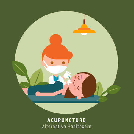 Person receiving facial acupuncture treatment from practitioner. Alternative healthcare illustrationのイラスト素材