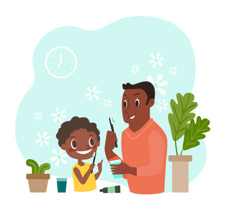 Black boy and his father brushing their teeth. Dental and orthodontic daily life illustration. vector cartoon character.のイラスト素材