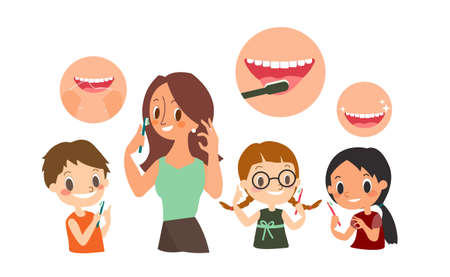 Family Brushing their Teeth. Dental and orthodontic daily life illustration. vector cartoon character.のイラスト素材