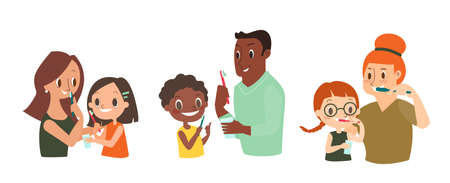 Family Brushing their Teeth together. Dental and orthodontic daily life illustration with Diversity people. vector cartoon character.のイラスト素材