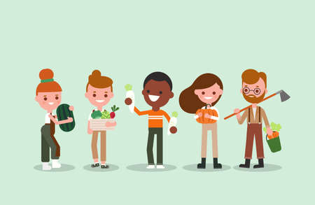 People cartoon with Gardening tools and vegetables. Young agricultural workers illustration. Vector flat design character.のイラスト素材