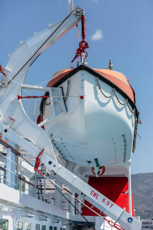 Lifeboat on deck of a cruise shipの写真素材
