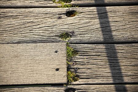 Brown weathered boardwalk planks background close-up.の写真素材