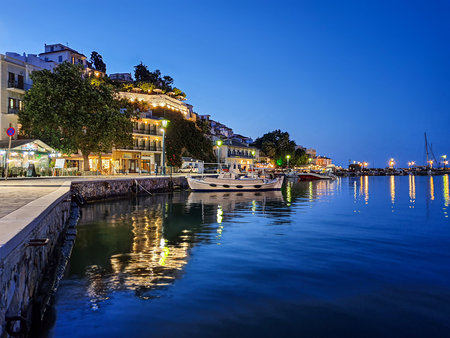 Night view at the Skopelos Port Chora of the Skopelos Island, Greece.