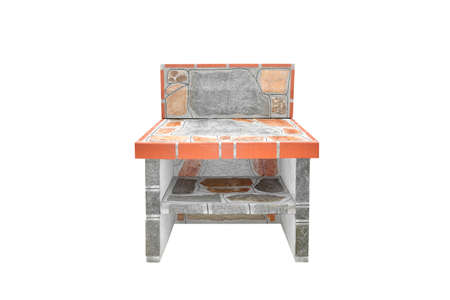 Small stone gray worktop with Shelf, unused Stone garden countertop isolated on a white background.の写真素材