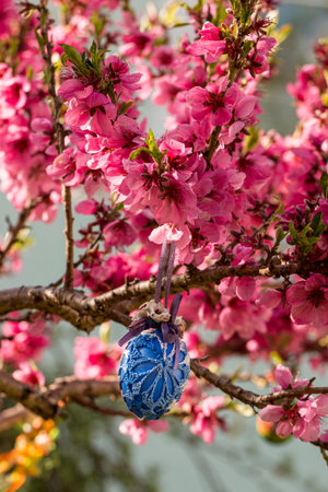Decorative Easter egg hanging on flowering cherry tree with pink flowers.