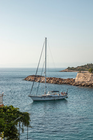 Small boats docked on the marina park with oceanfront view.の写真素材