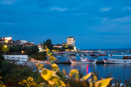 Fishing boats along the coast in Aegean sea, Greece.の写真素材