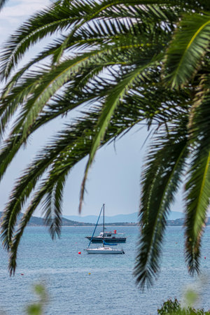 Lonely yacht at the shore of beautiful Greece island.の写真素材