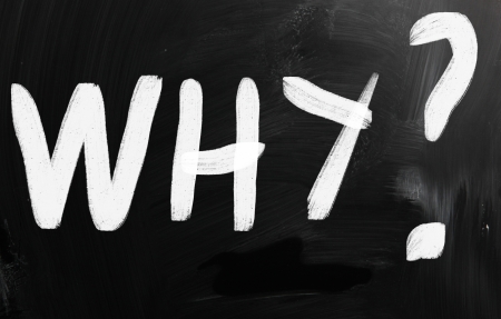 "Why" handwritten with white chalk on a blackboardの写真素材