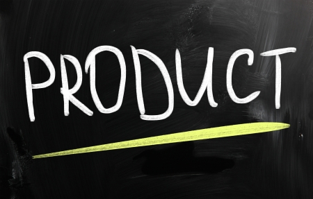 "Product" handwritten with white chalk on a blackboardの写真素材