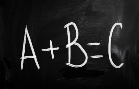 "A+B=C" handwritten with white chalk on a blackboardの写真素材