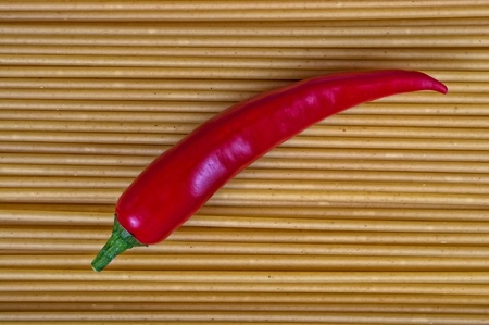 Spaghetti and red pepper close-up photoの写真素材