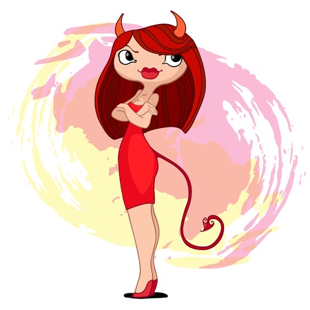 brunette devil girl in a red dress on a background of blotsのイラスト素材