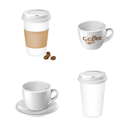 Paper cup and classic cup for your design and branding. Realistic cups with label and holder.の写真素材