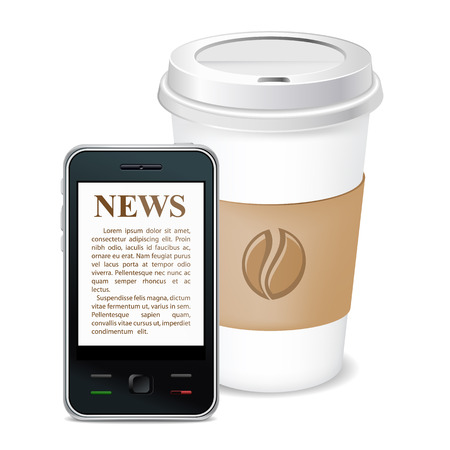 Morning coffee and news on phone.の写真素材
