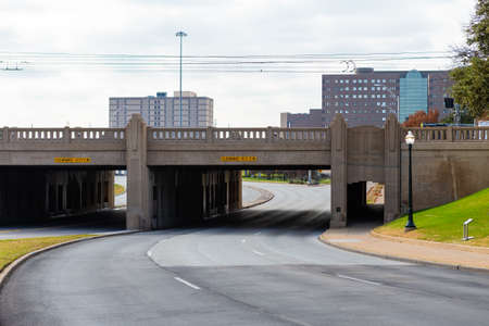 Triple Underpass above Elm Street, Dallas, Texas. Railroad bridge above three streets running through Dealey Plaza.の写真素材