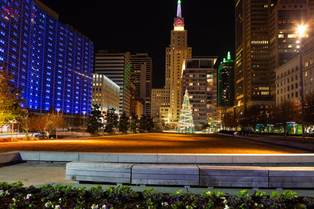 Dallas, TX, USA - December 23, 2013 : Main Street Garden Park at night close to Christmas time.のeditorial素材