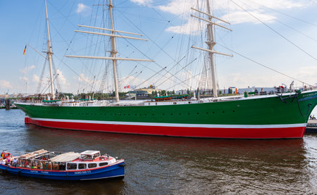 Hamburg, Germany - July 12, 2011 : Old, restored German cargo sailing ship Rickmer Rickmers moored on Elbe River.のeditorial素材