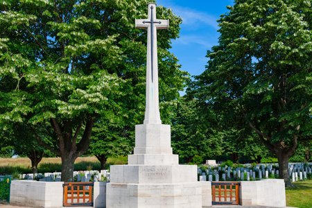 Ypres, Belgium - July 8, 2010 : Essex Farm Cemetery. Commonwealth military cemetery north of the town of Ieper for servicemen from World War One.のeditorial素材