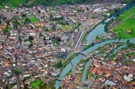 Swiss town from above, Bernese Alpsの写真素材