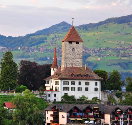 Spiez castle in swiss Alpsのeditorial素材