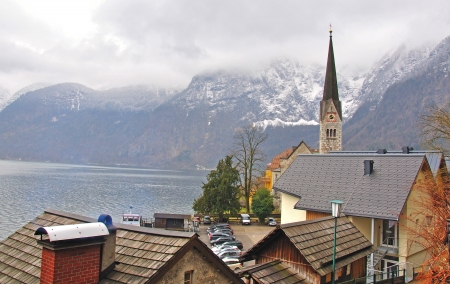 Hallstatt cityscape, salzkammergut, Austriaの写真素材