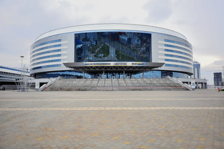 MINSK, BELARUS - APRIL 12: Minsk Arena, the main ice hockey stadium in Belarus on April 12, 2014. The Minsk-Arena listed as one of two main venues for the 2014 IIHF World Championshipのeditorial素材
