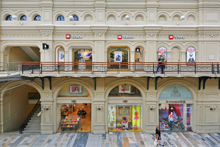 MOSCOW, RUSSIA - MAY 25: Shopping gallery of luxury brands in Gum shopping centre in Moscow on may 25, 2014. Gum is the oldest and most famous shopping centre in Moscow. のeditorial素材