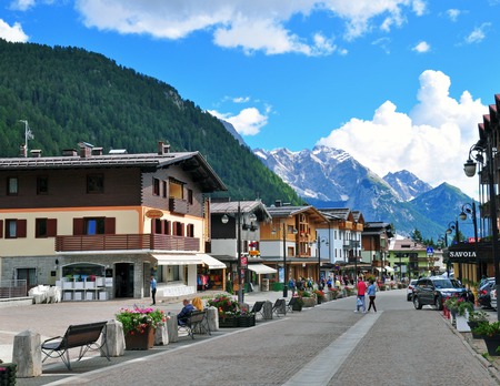 MADONNA DI CAMPIGLIO, ITALY - JULY 11: View of the main pedestrian street in Madonna di Campiglia, Italy on July 11, 2014. Madonna di Campiglia is a ski resort in Dolomites Alps, Italy.のeditorial素材