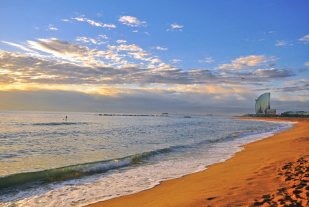 BARCELONA, SPAIN - DECEMBER 7: View of Barceloneta beach of Barcelona on December 7, 2014. Barcelona is the capital city of Catalonia, Spain.のeditorial素材