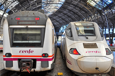 BARCELONA, SPAIN - DECEMBER 7: Trains in the "Estacio de Francia" train station in Barcelona on December 7, 2014. Barcelona is the capital city of Catalonia, Spain.のeditorial素材