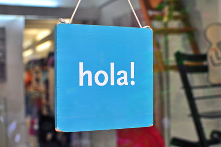 \"Hi\" hanging sign in spanish languageの写真素材