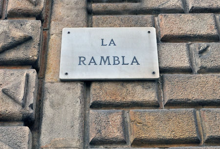 La Rambla sign in Barcelona, Spain.の写真素材