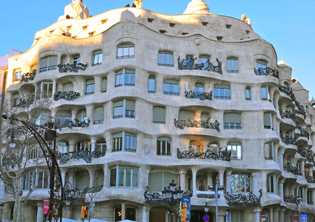 BARCELONA, SPAIN - FEBRUARY 5: Facade of the Casa Mila by Gaudi in Barcelona on February 5, 2014. Barcelona is the capital city of Catalonia, Spain.のeditorial素材