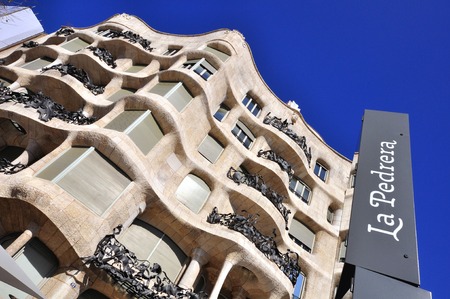 BARCELONA, SPAIN - FEBRUARY 8: View of La Pedrera facade on the street of Barcelona on February 8, 2015. Barcelona is the second largest city of Spain and the capital of Catalonia.のeditorial素材