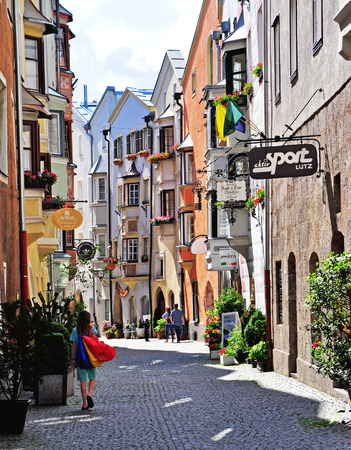 HALL, AUSTRIA - JUNE 15: View of a pedestrian street in Hall town on June 15, 2014. Hall is a small touristic town in nothern Tyrol province, Austria.のeditorial素材