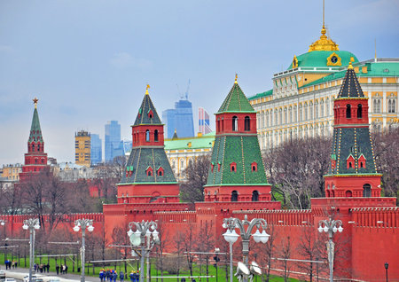 MOSCOW, RUSSIA - APRIL 26: View of the Moscow Kremlin on April 26, 2015. Moscow is the capital and largest city of Russia.のeditorial素材