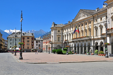 AOSTA, ITALY - JUNE 28: View of the Town square of Aosta on June 28, 2015. Aosta is the capital and largest city of Val d'Aosta region, Italy.のeditorial素材