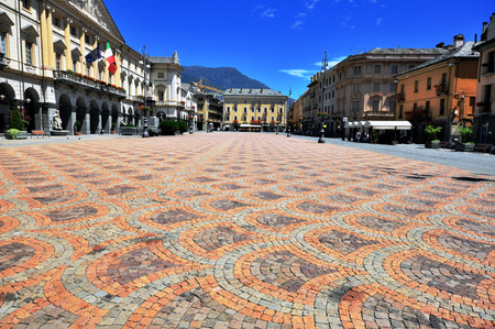 AOSTA, ITALY - JUNE 28: View of the Town square of Aosta on June 28, 2015. Aosta is the capital and largest city of Val d'Aosta region, Italy.のeditorial素材