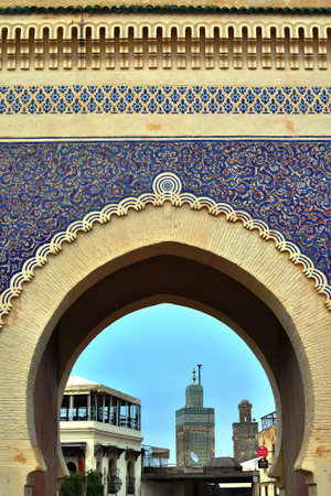 FES, MOROCCO - FEBRUARY 13, 2015: View of the Blue Gate in old town of Fes, Morocco on February 13, 2015. Fes is the ancient town located in northern part of Morocco.のeditorial素材