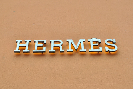 CHAMONIX, FRANCE - AUGUST 9: Logo of Hermes store in Megeve town on August 9, 2015. Hermes is a world famous luxury fashion couture.のeditorial素材