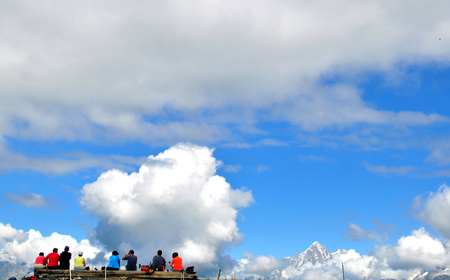 SAINT GERVAIS, FRANCE - AUGUST 2: Undefined people sitting on the bench in french Alps on August 2, 2015. Saint Gervais is a famous ski and hiking resort located in Savoy province, France.のeditorial素材