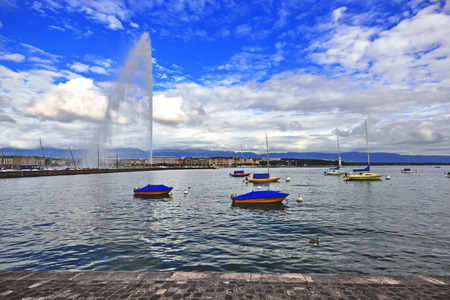 GENEVA, SWITZERLAND - AUGUST 17: View of the Jet d'eau in Geneva city centre on August 17, 2015. Geneva is the second largest city of Switzerland.のeditorial素材