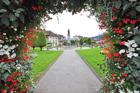 SALLANCHES, FRANCE - AUGUST 16: View of the square in city centre of Sallanches on August 16, 2015. Sallanches is a city located in Haute-Savoie department of France.のeditorial素材