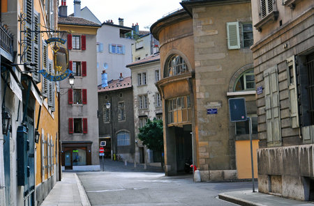 GENEVA, SWITZERLAND - AUGUST 17: View of pedestrian street in city centre of Geneva on August 17, 2015. Geneva is the second largest city of Switzerland.のeditorial素材