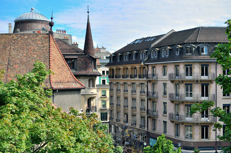 GENEVA, SWITZERLAND - AUGUST 17: View of buildings in city centre of Geneva on August 17, 2015. Geneva is the second largest city of Switzerland.のeditorial素材