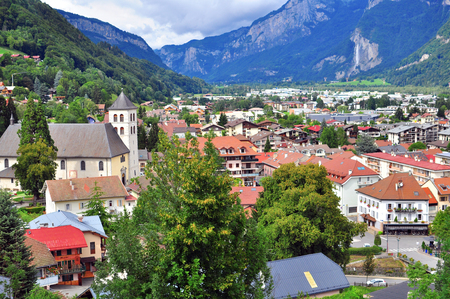 SALLANCHES, FRANCE - AUGUST 16: Top view of the city centre of Sallanches on August 16, 2015. Sallanches is a city located in Haute-Savoie department of France.のeditorial素材