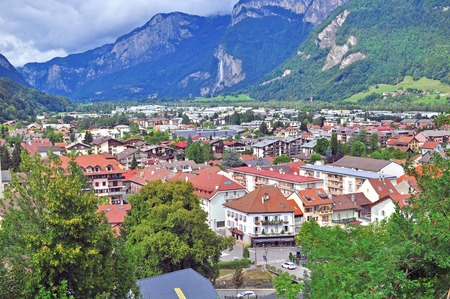 SALLANCHES, FRANCE - AUGUST 16: Top view of the city centre of Sallanches on August 16, 2015. Sallanches is a city located in Haute-Savoie department of France.のeditorial素材
