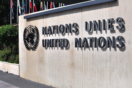 GENEVA, SWITZERLAND - SEPTEMBER 3: The United Nation sign in Geneva on September 3, 2015. Geneva is the second largest city of Switzerland.のeditorial素材